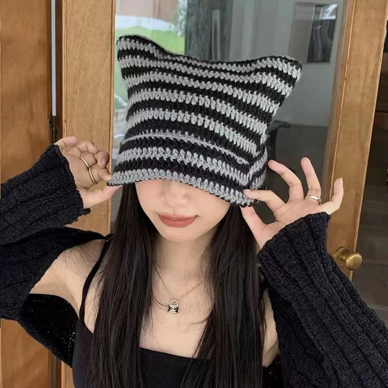 90s Grunge Cat Ears Striped Knitted Beanie - Image 15