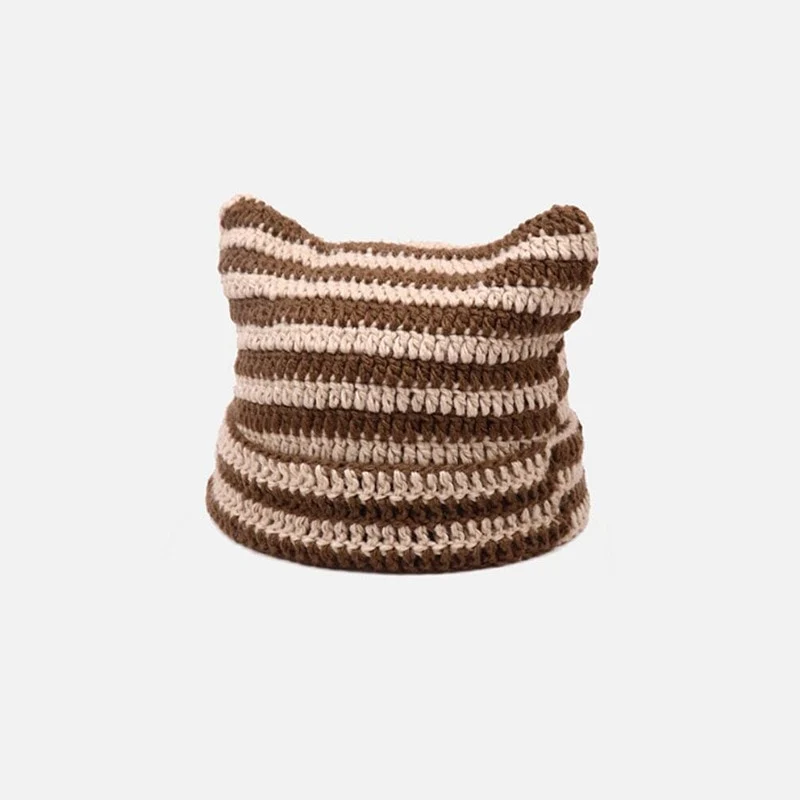 90s Grunge Cat Ears Striped Knitted Beanie - Image 3