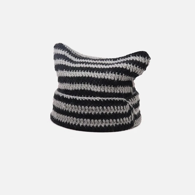 90s Grunge Cat Ears Striped Knitted Beanie - Image 4