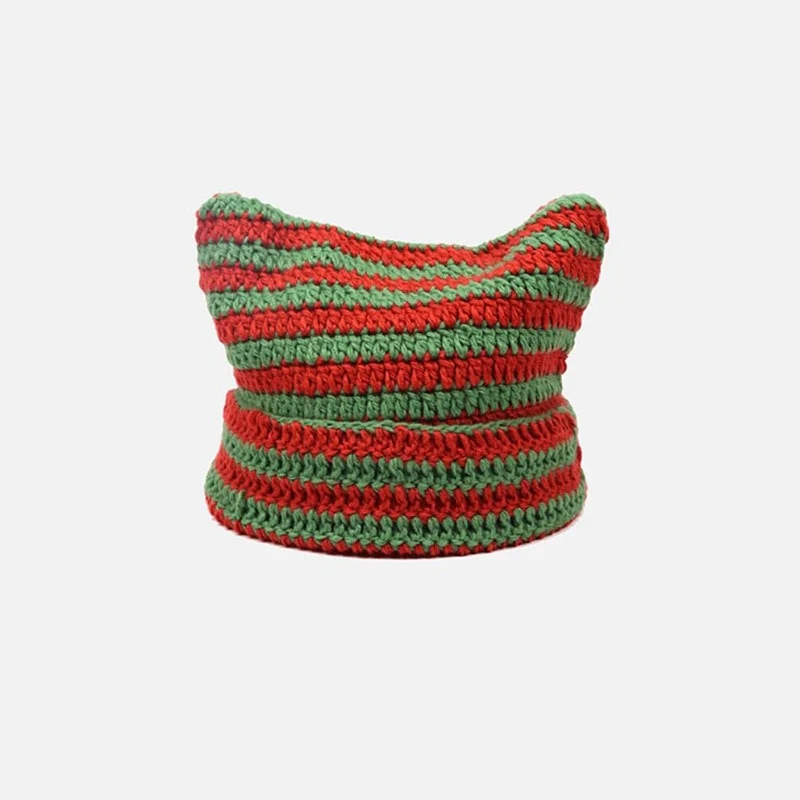 90s Grunge Cat Ears Striped Knitted Beanie - Image 5