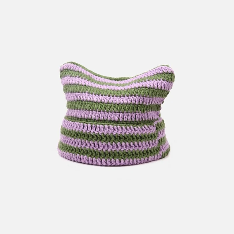 90s Grunge Cat Ears Striped Knitted Beanie - Image 7