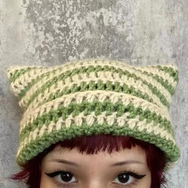 90s Grunge Cat Ears Striped Knitted Beanie - Image 9