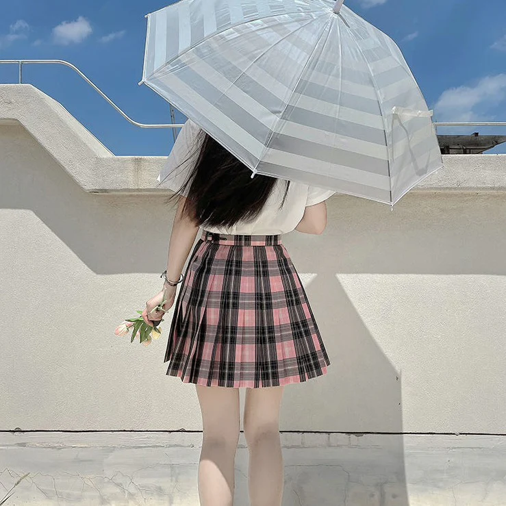 Black Pink Preppy Style Plaid Skirt - Image 2