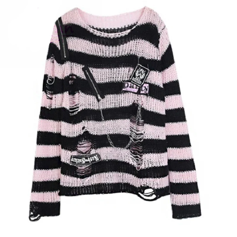 Black Pink Visual Kei Striped Sweater - Image 2