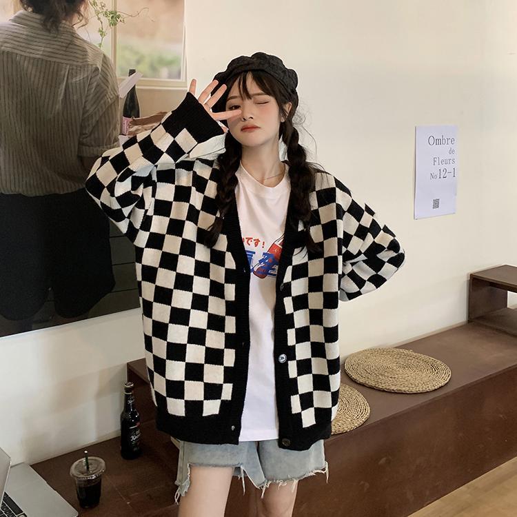 Checkerboard Knitted Long Sleeves Cardigan - Image 5