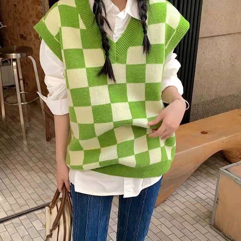 Checkerboard Knitted Sweater Green - Image 7