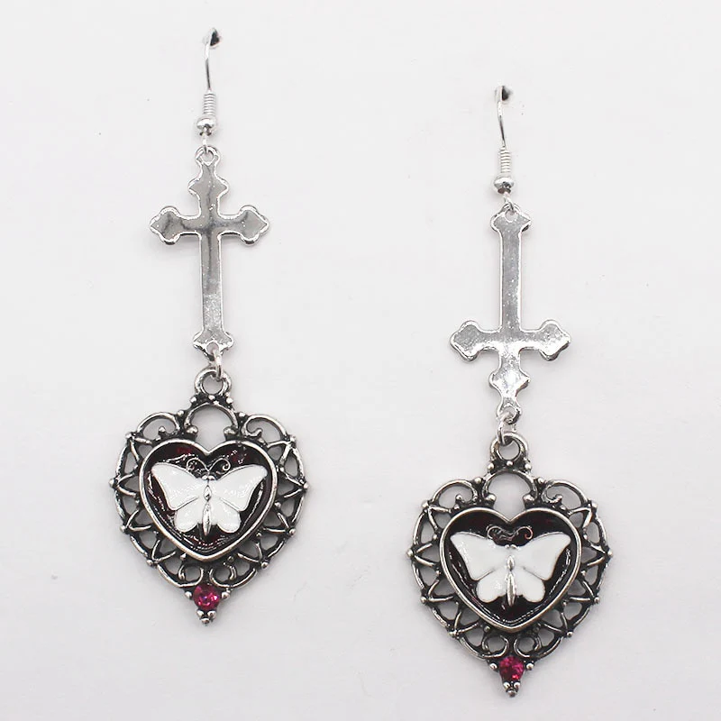 Cross Heart White Butterfly Earrings