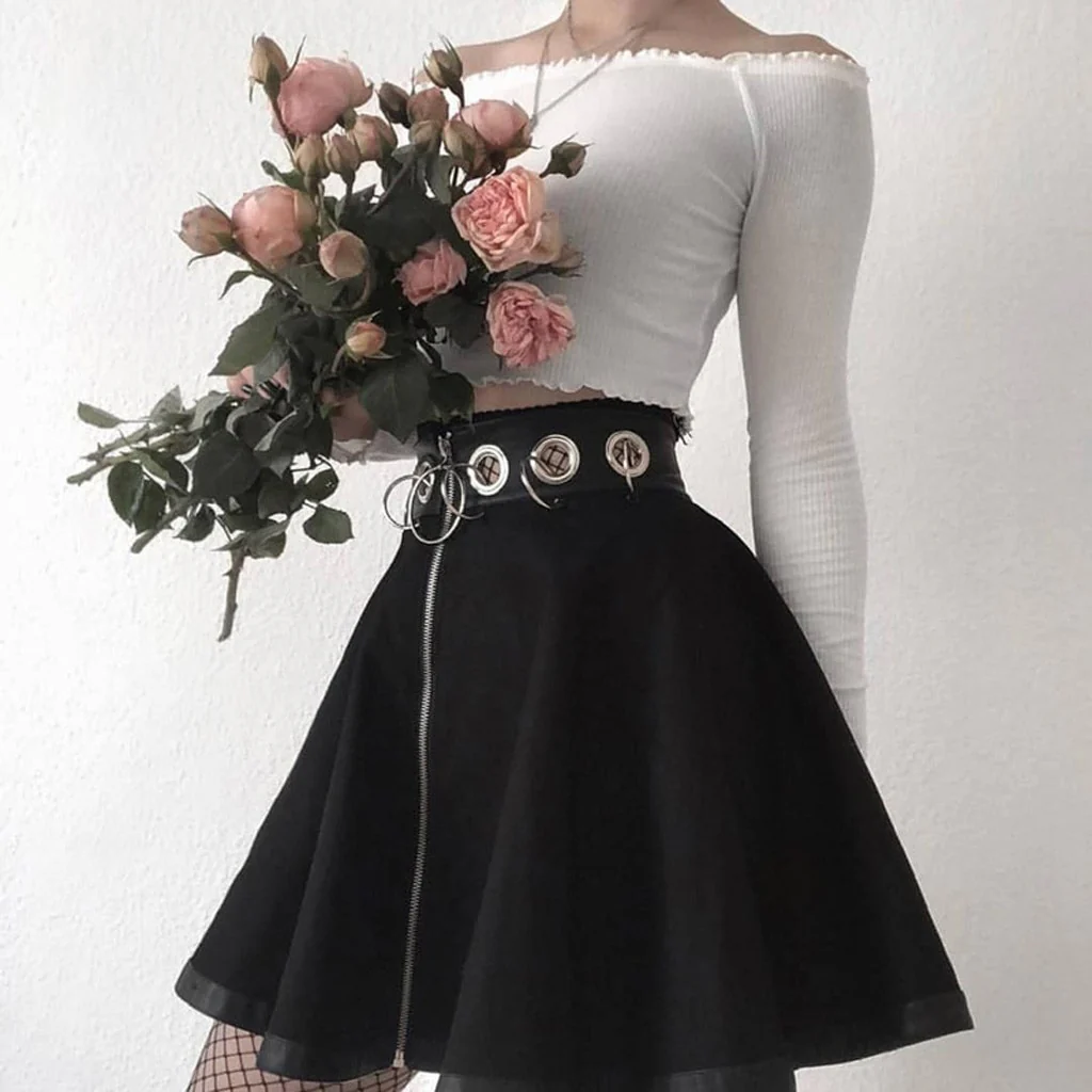 Dark Goth Zipper Rings A-Line Skirt - Image 3