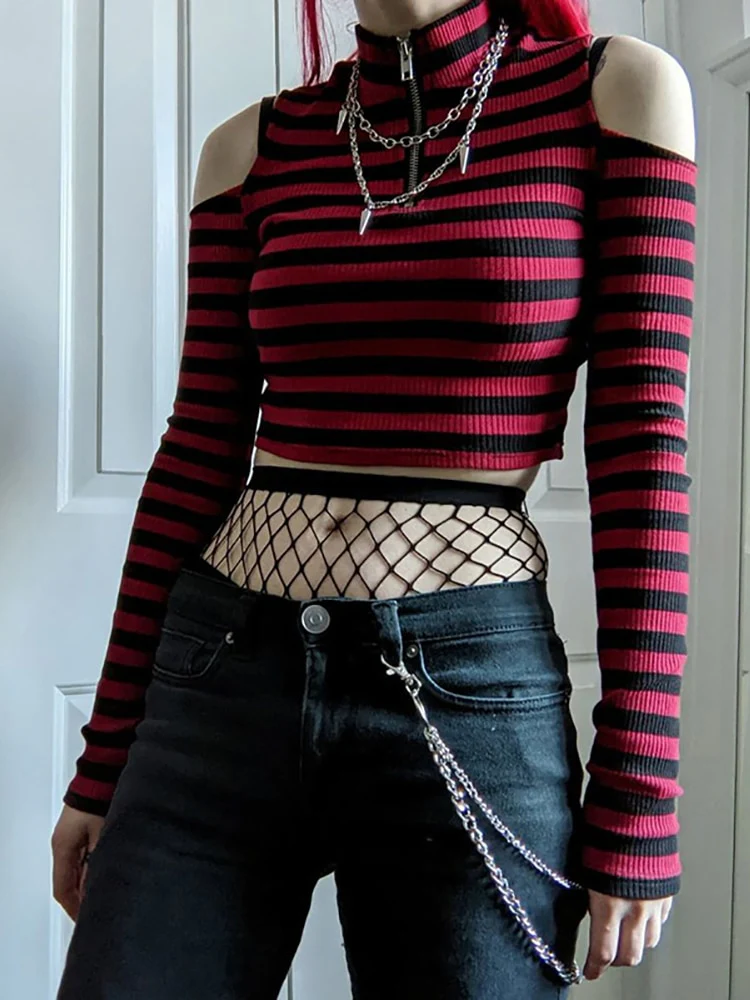 Dark Grunge E-Girl Striped Crop Top - Image 4