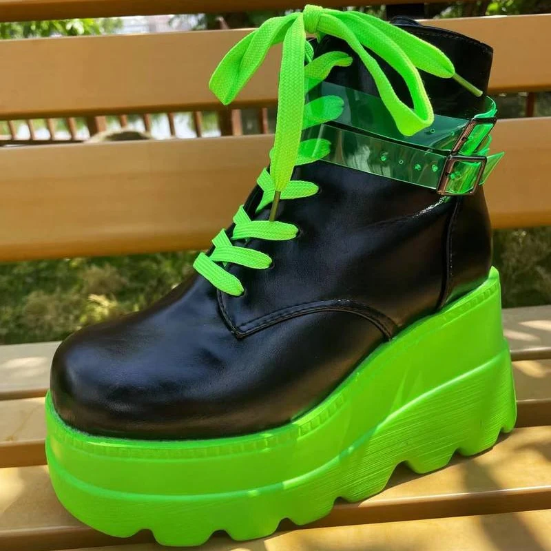 Darkwave Cyber Punk Rave Neon Green Platform Shoes - Image 4
