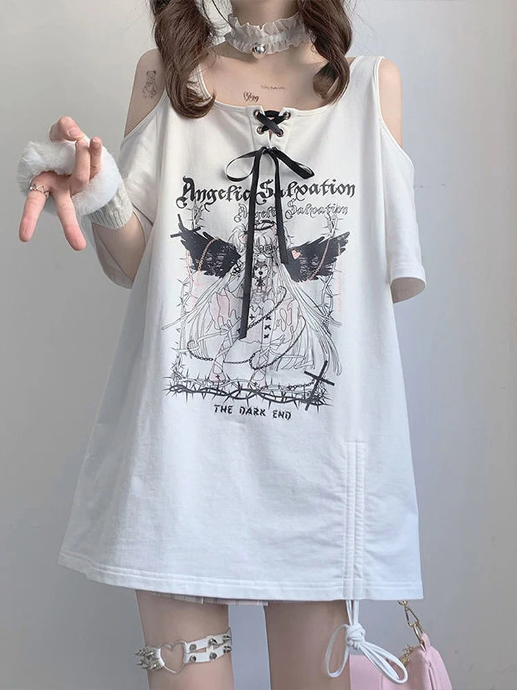 Egirl Dark Grunge Anime Off Shoulder Black T-Shirt - Image 5