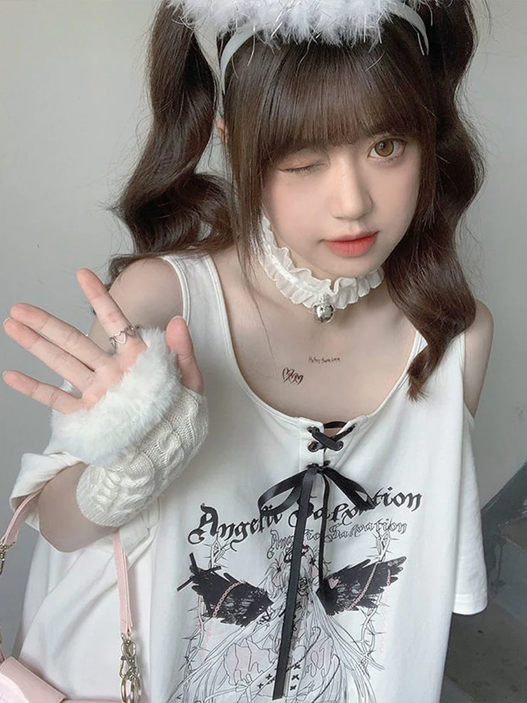 Egirl Dark Grunge Anime Off Shoulder White T-Shirt
