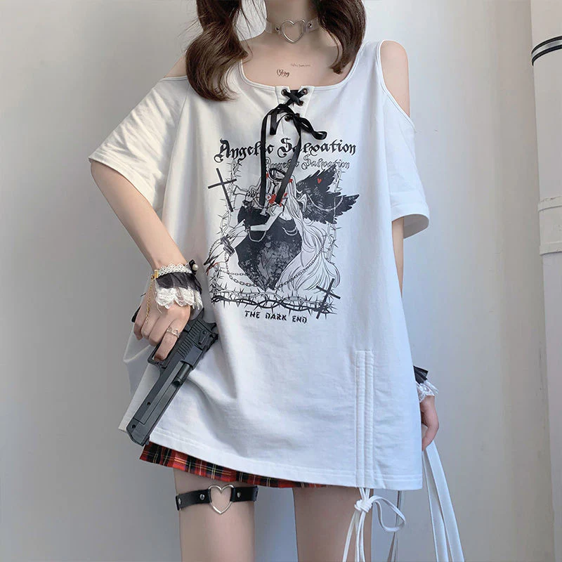 Egirl Dark Grunge Anime Off Shoulder White T-Shirt - Image 2