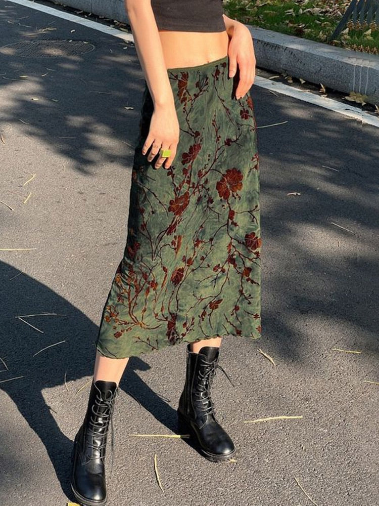 Fairy Grunge Green Floral Midi Skirt - Image 2