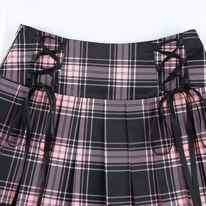 Dollette Goth Pink Plaid Pleated Skirt Lace Trim - Image 3