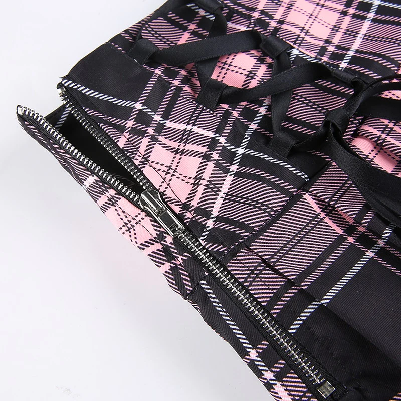 Dollette Goth Pink Plaid Pleated Skirt Lace Trim - Image 5