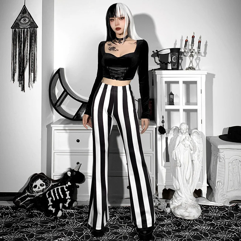 Gothic Striped High Waist Flare Pants - Image 3
