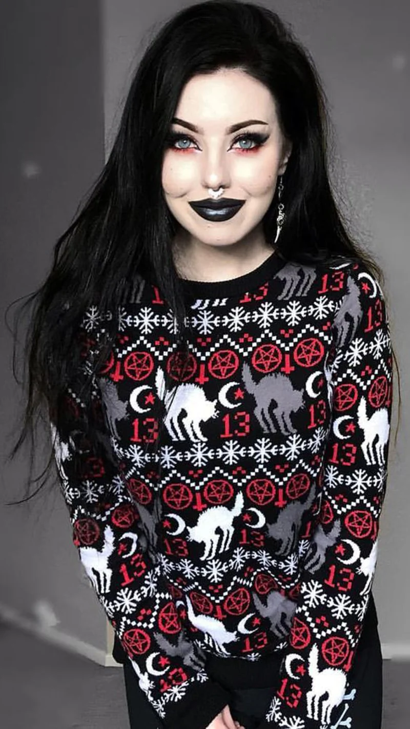 Holiday Christmas Sweater Gothic Cat - Image 6
