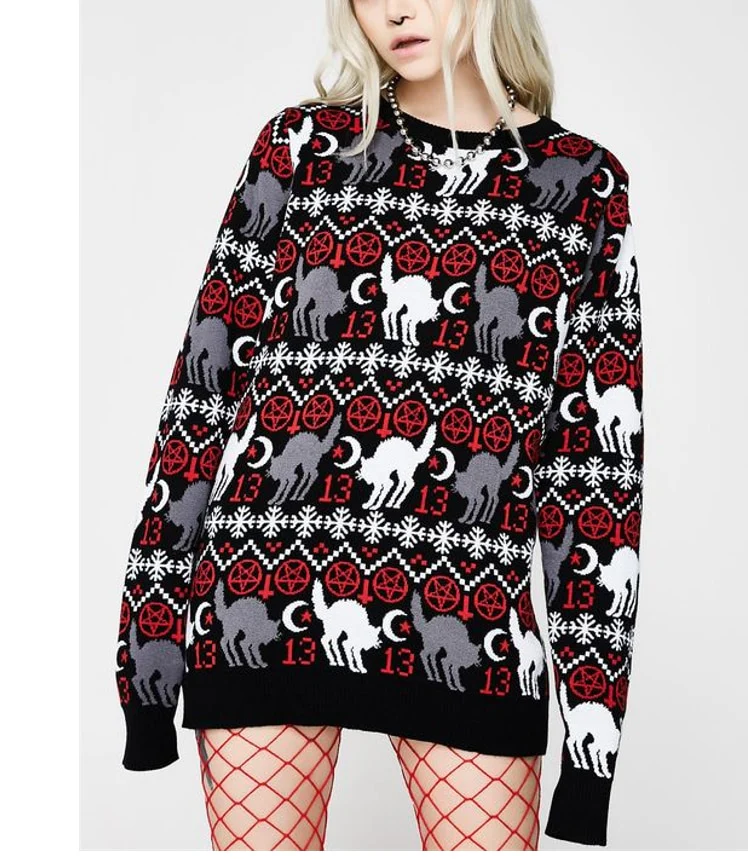Holiday Christmas Sweater Gothic Cat - Image 9