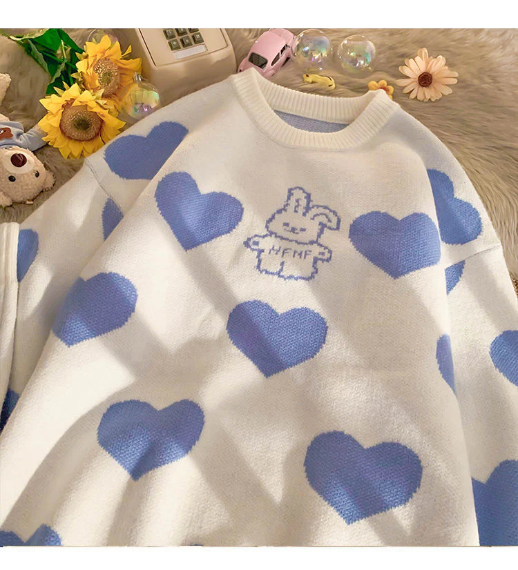 Kawaii Aesthetic Blue Bunny Hearts Sweater - Image 5