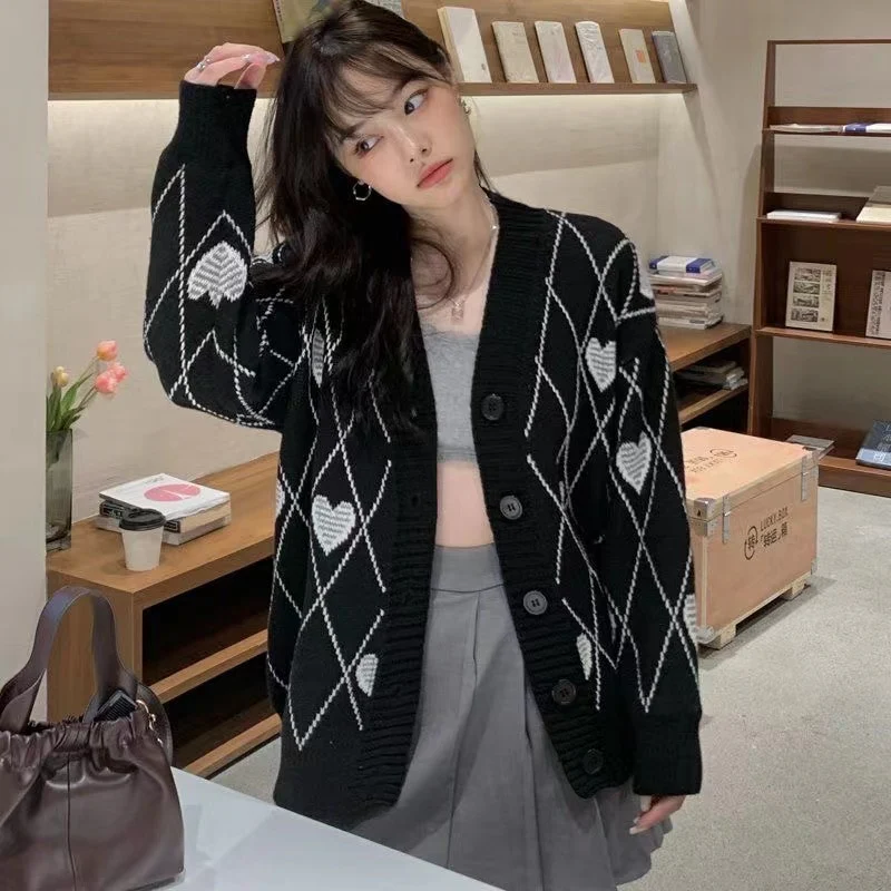 Knitted Cardigan Argyle Heart Sweater - Image 16