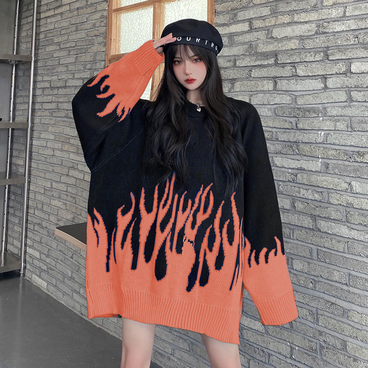 Korean Streetwear Flame Sweater Black Orange