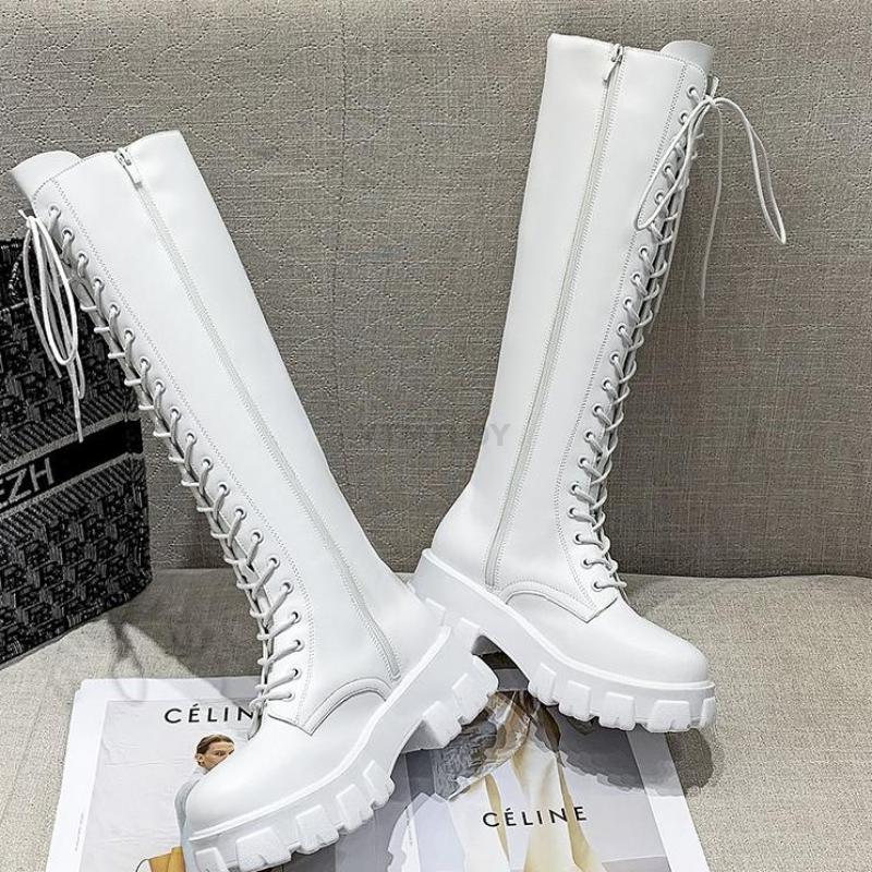 White Knee High Low Platform Boots - Image 4