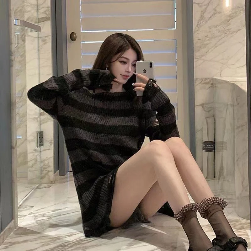 Punk Dark Grunge Egirl Long Striped Sweater Forest Green - Image 3
