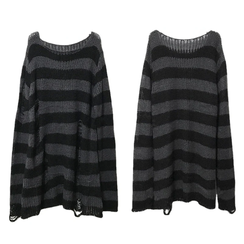 Punk Dark Grunge Egirl Long Striped Sweater Green Gradient - Image 3