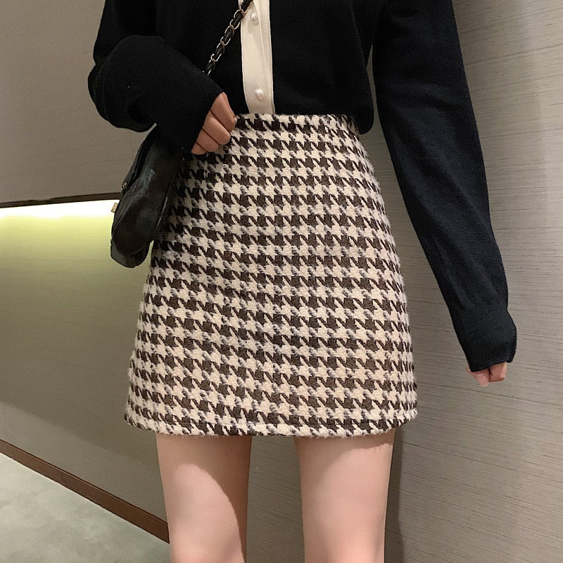 Retro Houndstooth Woolen Skirt - Image 6
