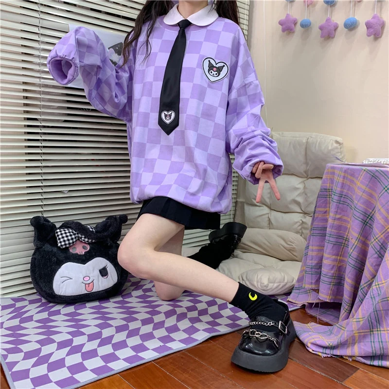 Sanriocore Kawaii Kuromi Purple Checker Sweatshirt - Image 10