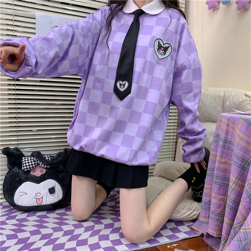 Sanriocore Kawaii Kuromi Purple Checker Sweatshirt - Image 11