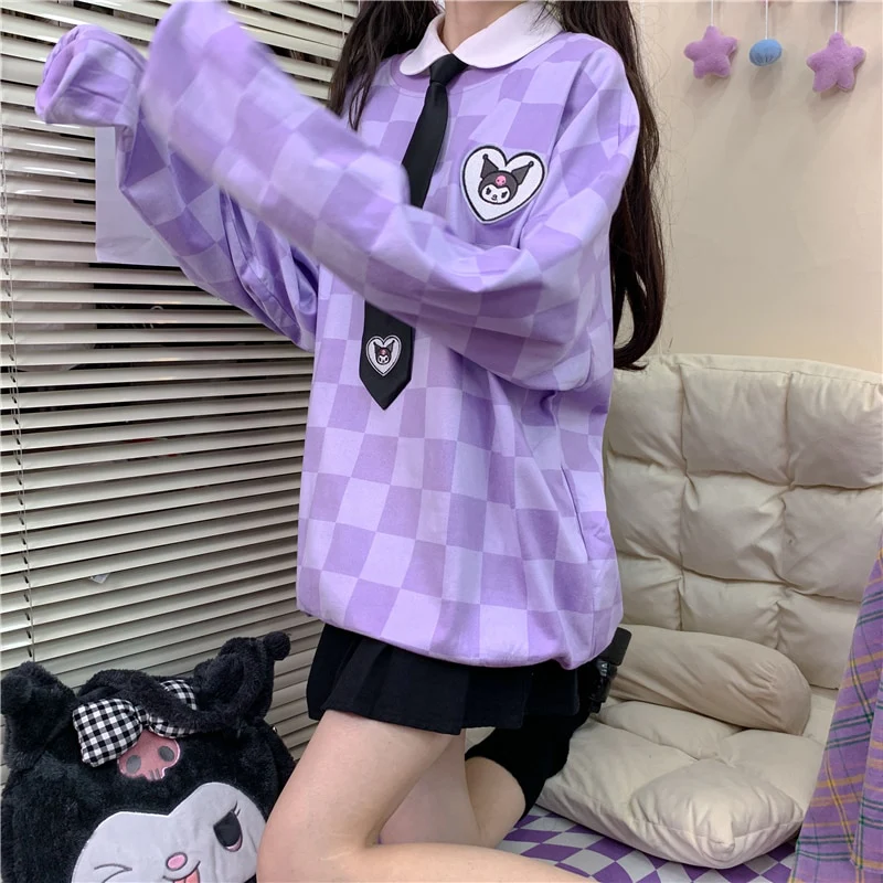 Sanriocore Kawaii Kuromi Purple Checker Sweatshirt - Image 12