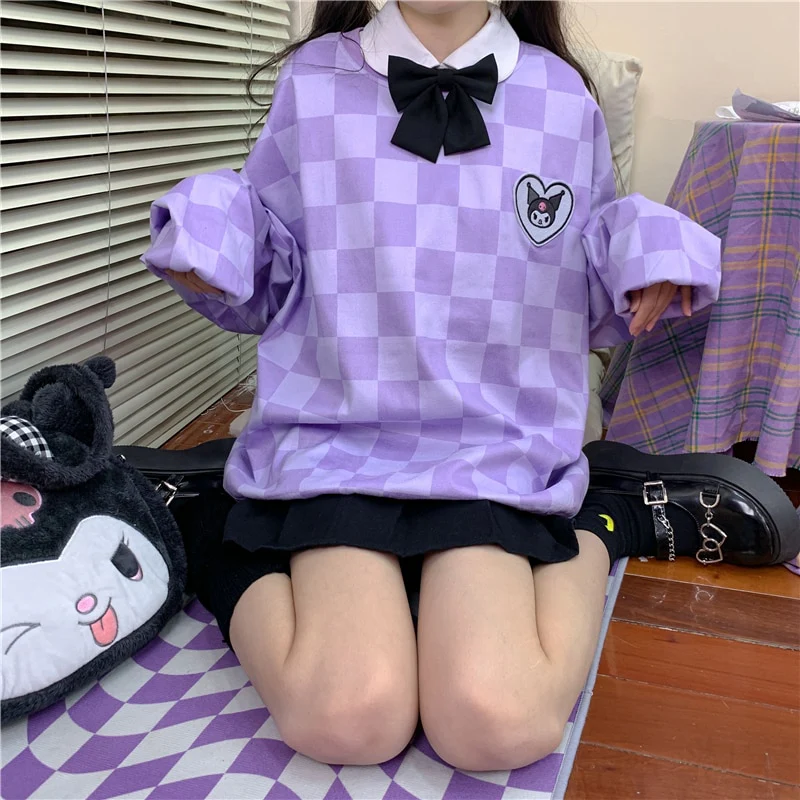 Sanriocore Kawaii Kuromi Purple Checker Sweatshirt - Image 13