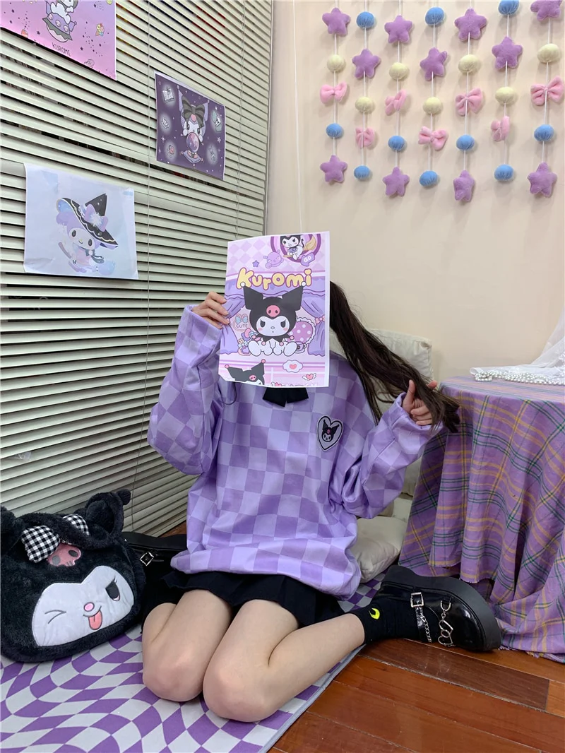 Sanriocore Kawaii Kuromi Purple Checker Sweatshirt - Image 14