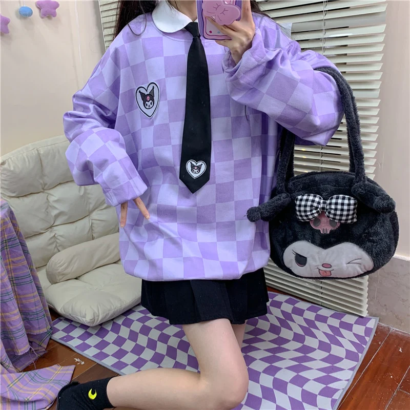 Sanriocore Kawaii Kuromi Purple Checker Sweatshirt - Image 17