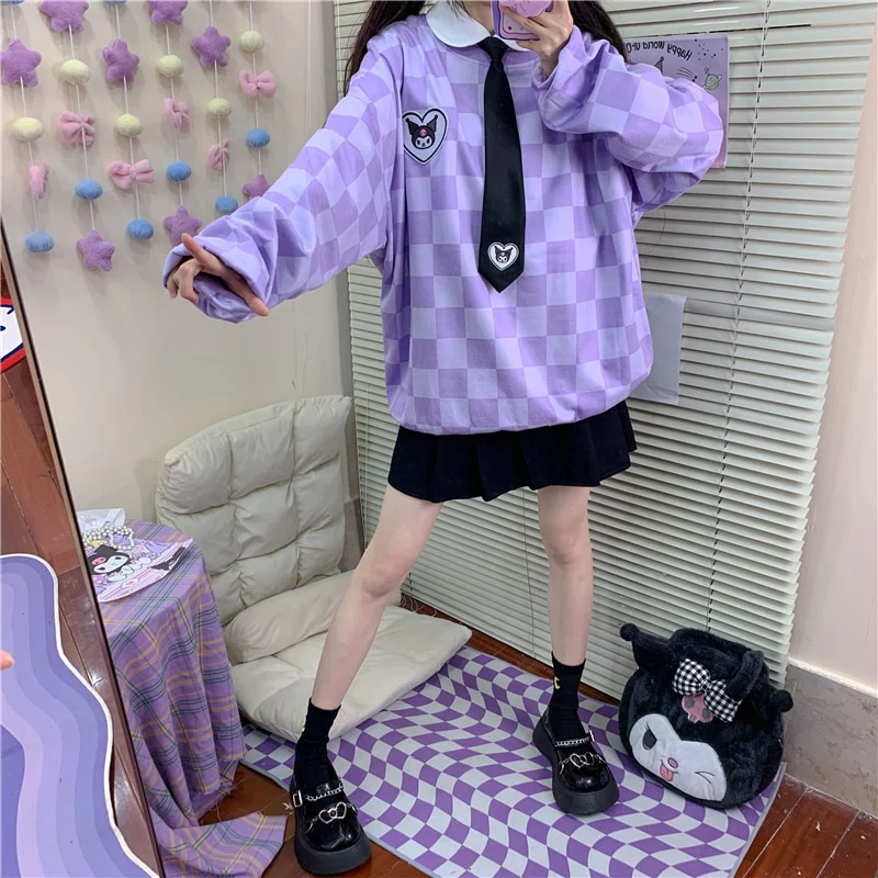 Sanriocore Kawaii Kuromi Purple Checker Sweatshirt - Image 20