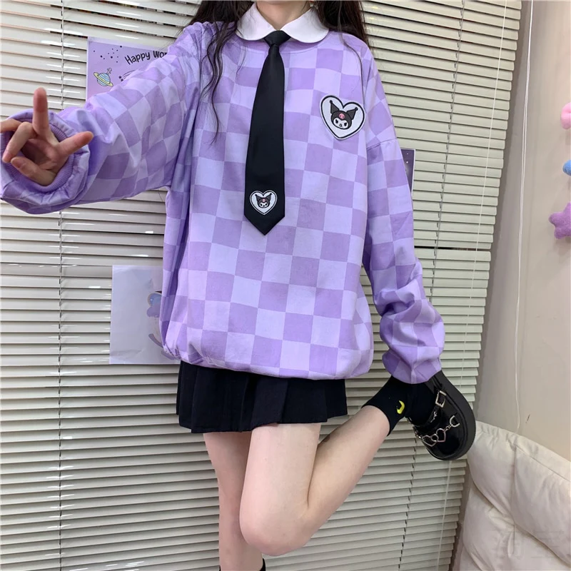 Sanriocore Kawaii Kuromi Purple Checker Sweatshirt - Image 4