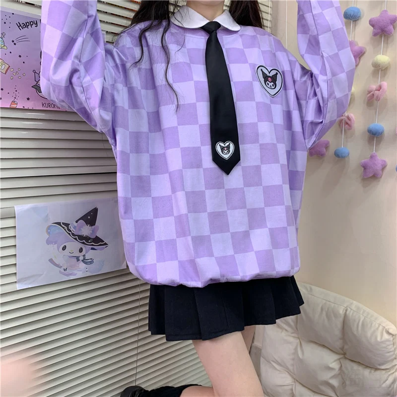 Sanriocore Kawaii Kuromi Purple Checker Sweatshirt - Image 9
