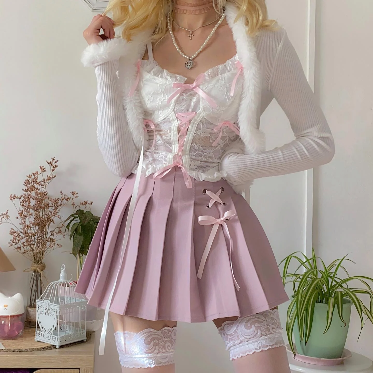 Dollette Kawaii Pink Pleated Skirt High Waist - Image 4