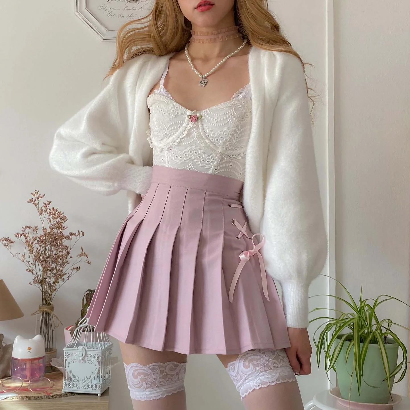 Dollette Kawaii Pink Pleated Skirt High Waist - Image 6
