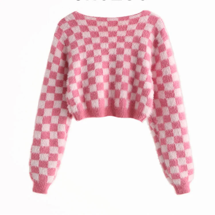Pink Checker Knitted Cardigan - Image 2