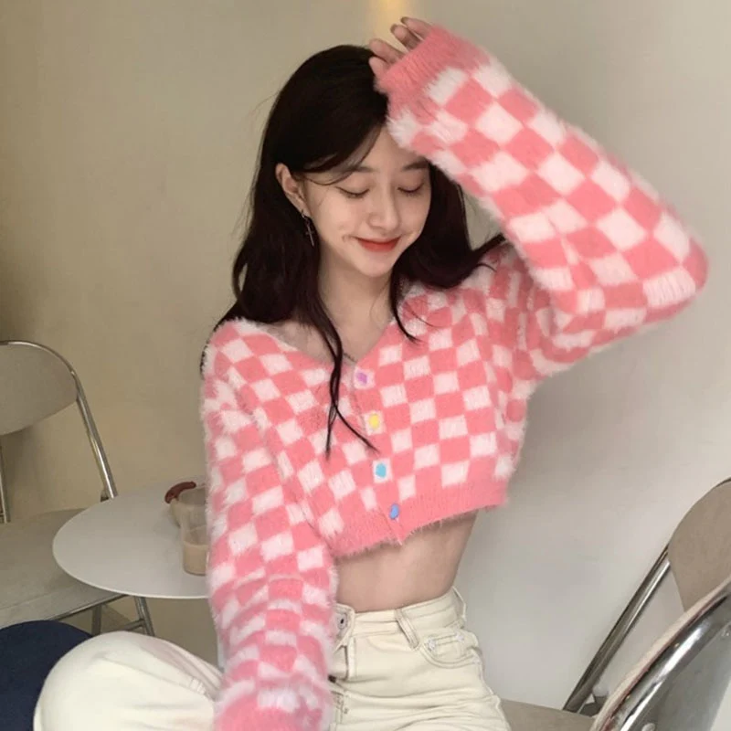 Pink Checker Knitted Cardigan - Image 6