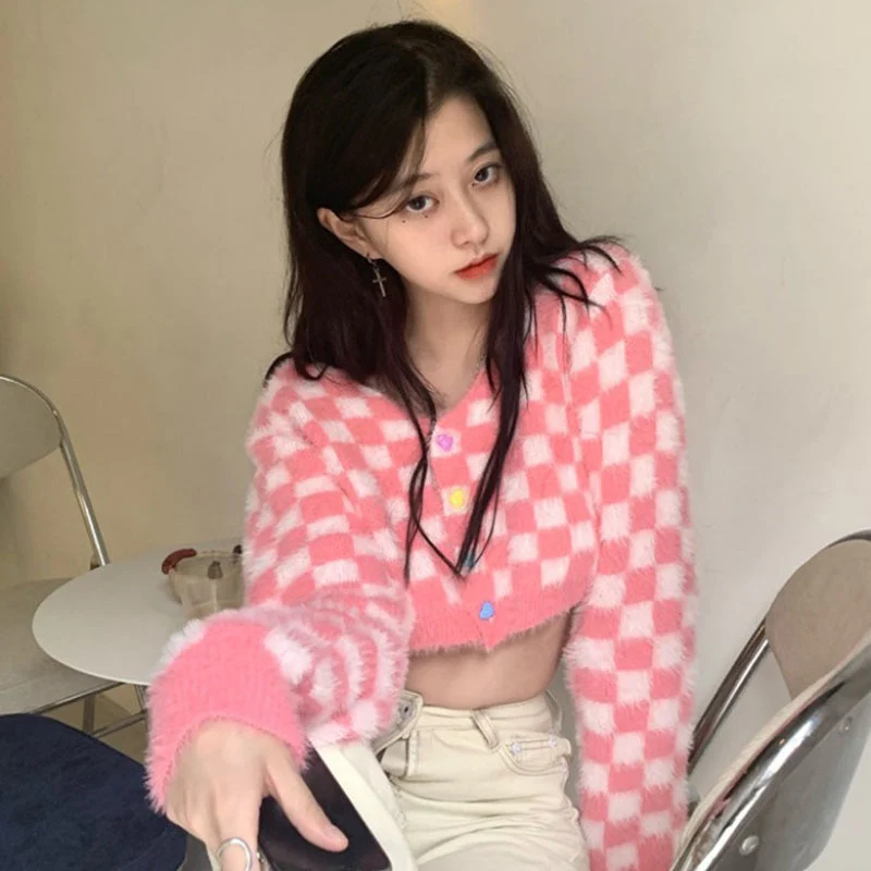 Pink Checker Knitted Cardigan - Image 7
