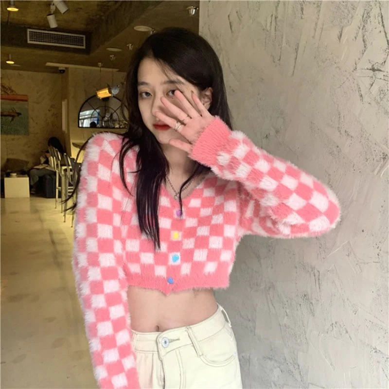 Pink Checker Knitted Cardigan - Image 8