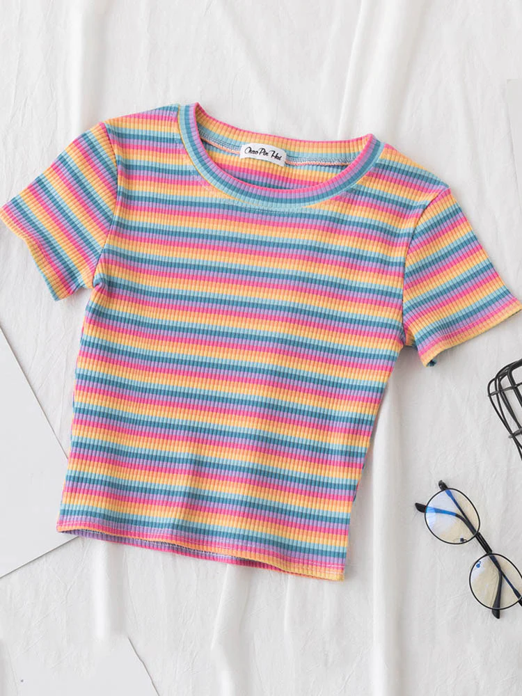 Striped Crop T-Shirt Pastel Rainbow - Image 2