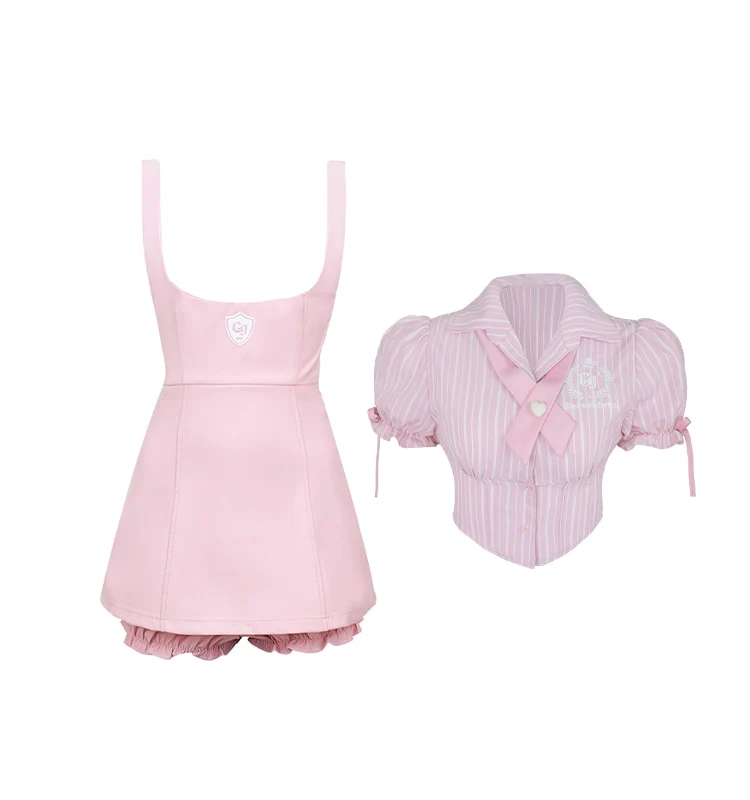Sweet Girl Pink Blouse Suspender Dress Set - Image 2
