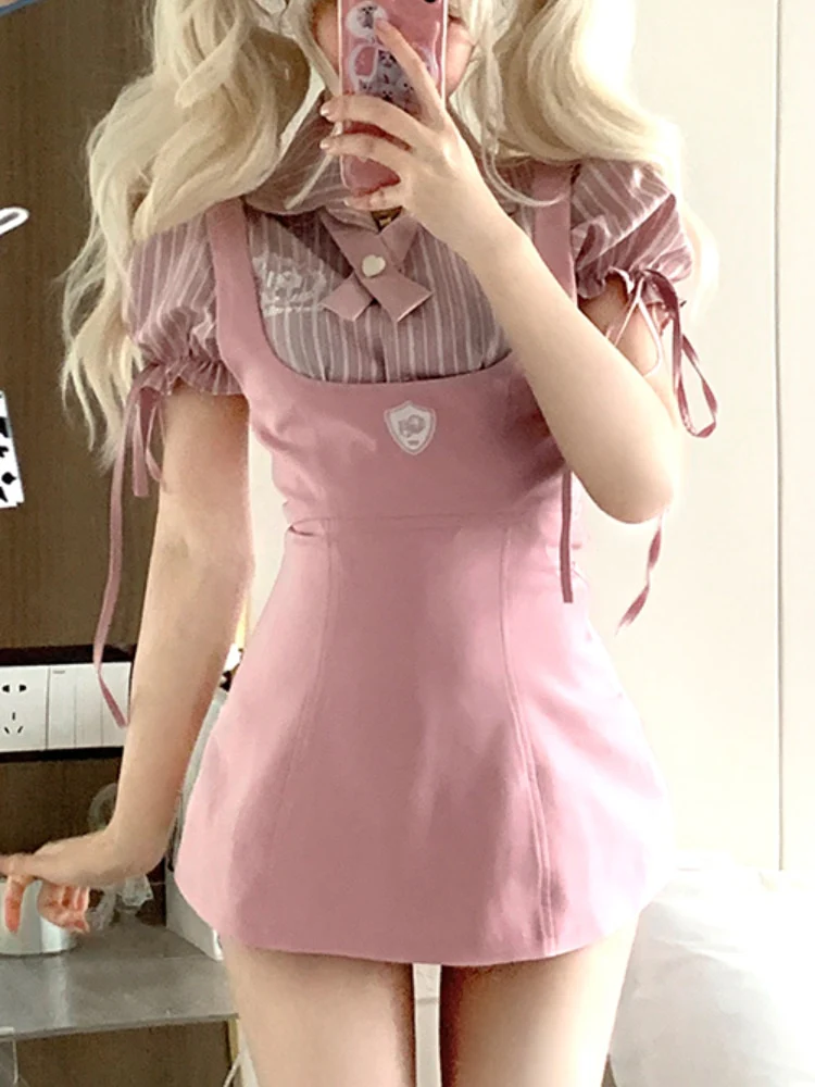 Sweet Girl Pink Blouse Suspender Dress Set - Image 3