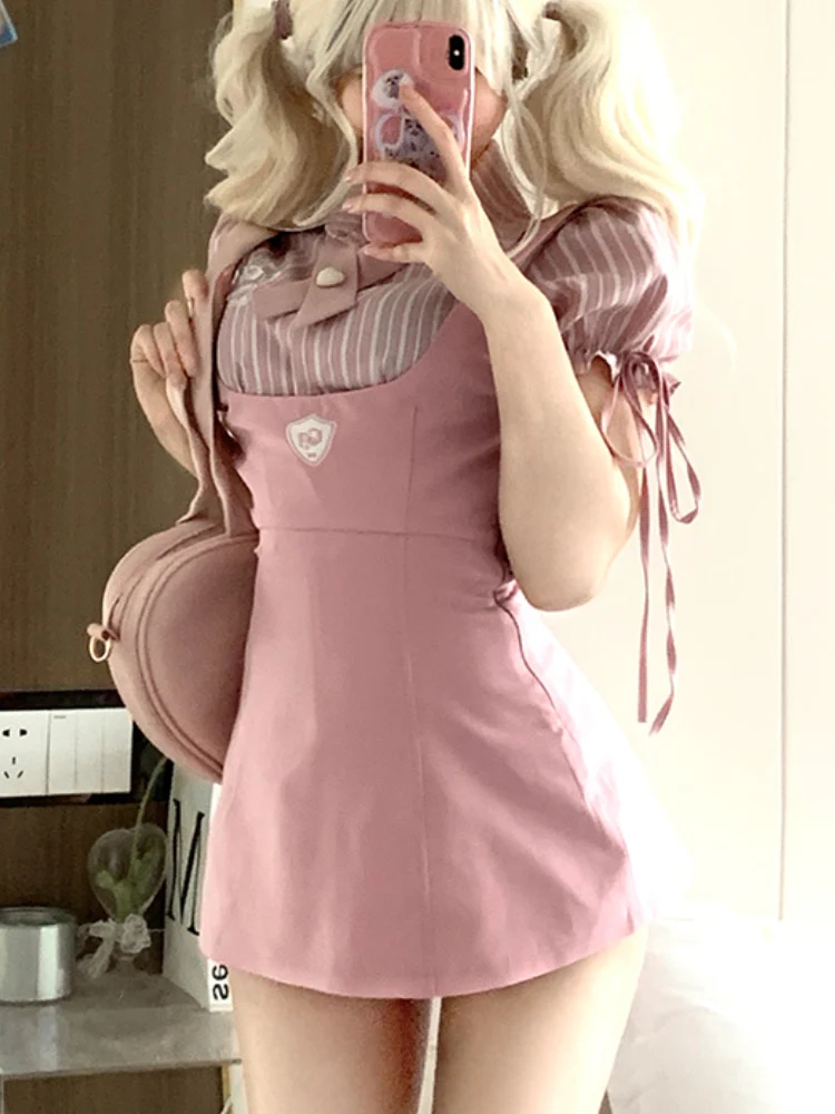 Sweet Girl Pink Blouse Suspender Dress Set - Image 7