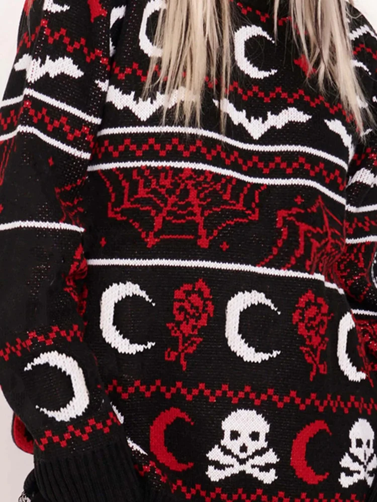 Winter Knitted Sweater Gothic Moon Skull - Image 3